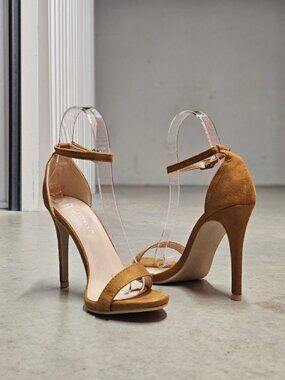 Tan Faux Suede Ankle Strap High Heel Sandals For Women